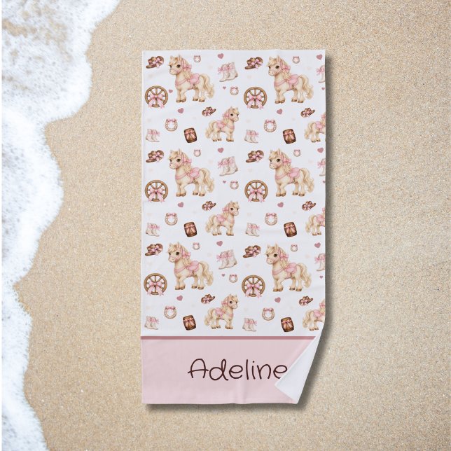 Serviette De Plage Filles Mignon Rose Western Cheval Nom Enfants (Créateur téléchargé)