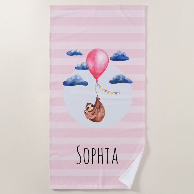Serviette De Plage Filles mignonne rose Aquarelle Sloth Enfants (Devant)