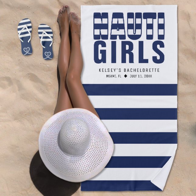 Serviette De Plage Filles Nauti Fête de Bachelorette Rayée Thème Mari (Nauti Girls Striped Nautical Bachelorette Party Beach Towel
)