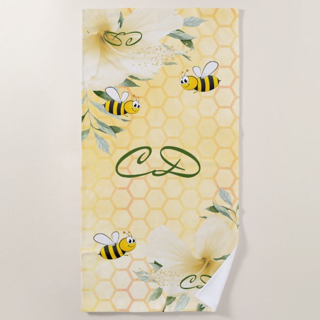 Serviette De Plage Fils d'abeilles jaunes doux de nid d'abeille monog (Devant)