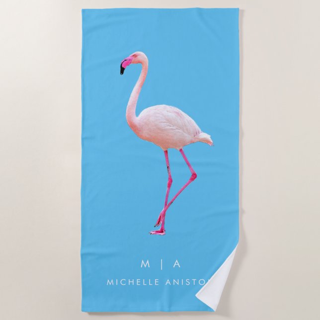 Serviette De Plage Flamant rose Bleu élégant | Monogramme personnalis (Devant)