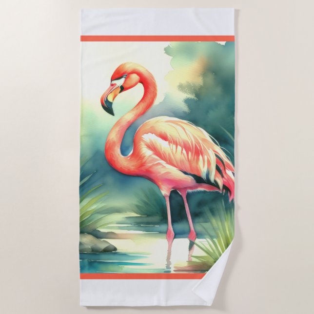 Serviette De Plage Flamant rose de peinture aquarelle (Devant)