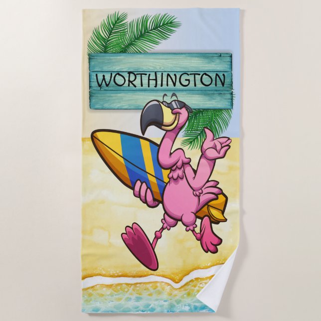 Serviette De Plage Flamant rose de surf Beach Towel (Devant)