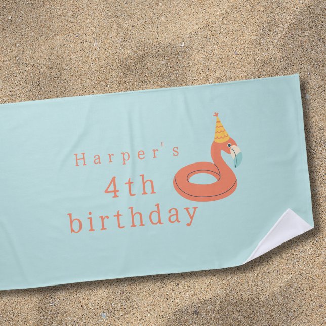 Serviette De Plage flamant rose gonflable pour enfants fête d'anniver (flamingo birthday pool party modern personalized birthday beach towel)