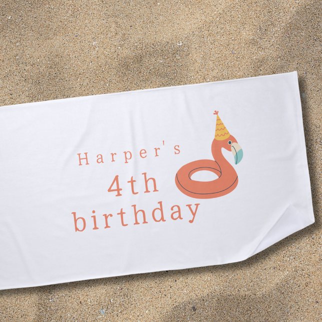 Serviette De Plage flamant rose gonflable pour enfants fête d'anniver (flamingo birthday pool party modern aesthetic personalized custom name beach towel party favor gift)