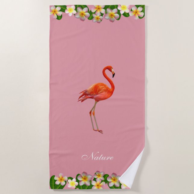 Serviette De Plage Flamant rose & Plumeria Fleurs sur Rose or rose (Devant)