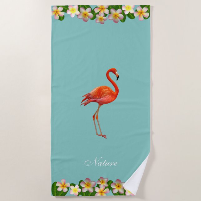 Serviette De Plage Flamant rose & Plumeria Fleurs sur Turquoise Turqu (Devant)