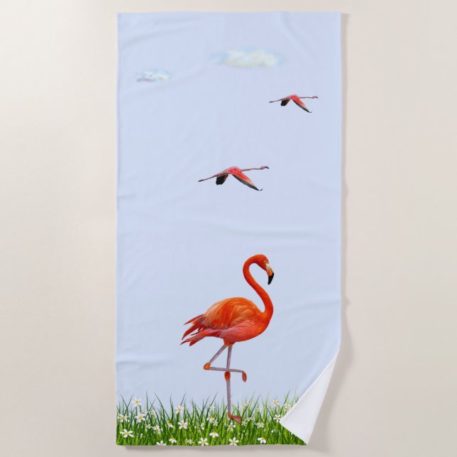Serviette De Plage Flamant Rose & Prairie avec Fleurs sur Fond Bleu C (Devant)