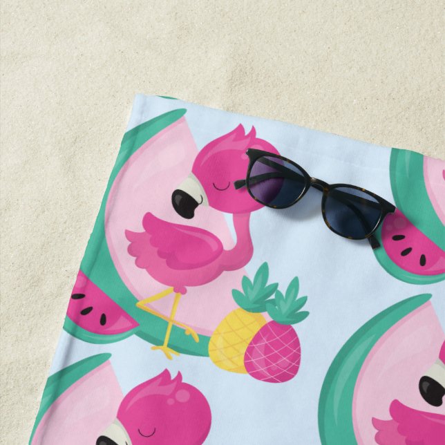 Serviette De Plage Flamant rose rose avec Motif de fruits tropicaux (En situation)