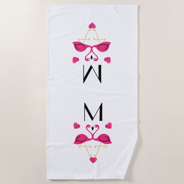 Serviette De Plage Flamant rose rose et Motif de coeur (Devant)