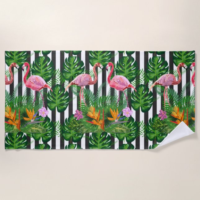 Serviette De Plage Flamant rose rose Fleurs tropicales Grunge foncé (Devant)
