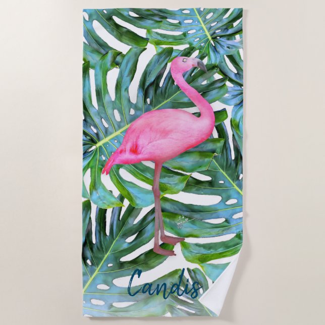 Serviette De Plage Flamant rose rose personnalisé Feuilles tropicaux  (Devant)