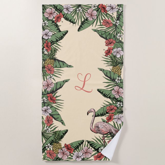 Serviette De Plage Flamant rose rose tropical et Hibiscus Monogrammé (Devant)