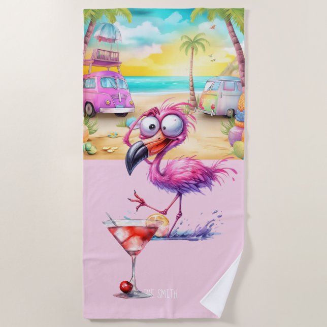 Serviette De Plage Flamant rose sur la plage (Devant)