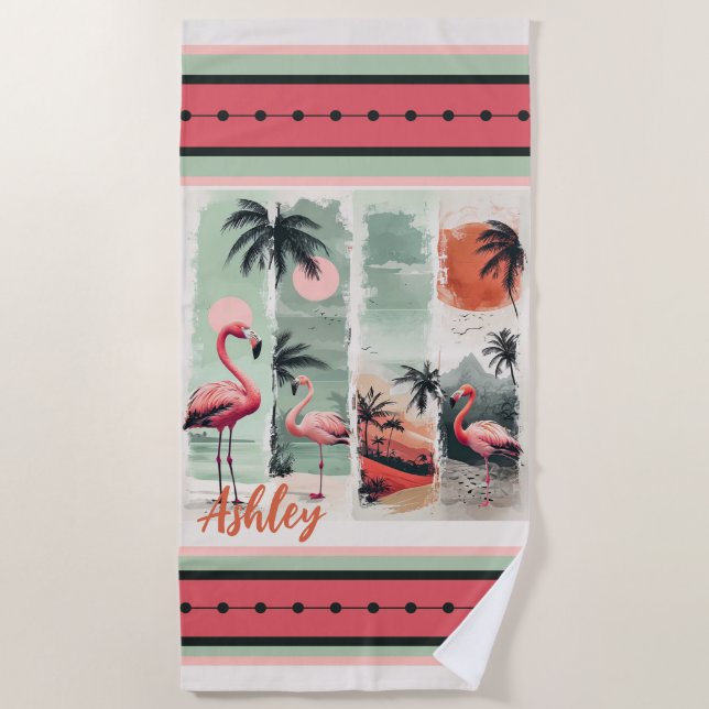 Serviette De Plage Flamant rose tropical (Devant)