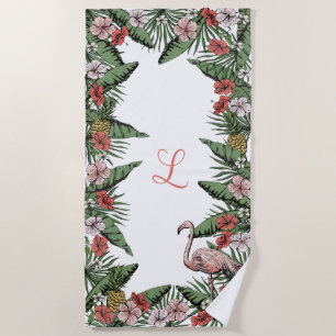 Serviette De Plage Flamant Rose Tropical et Hibiscus Monogrammés