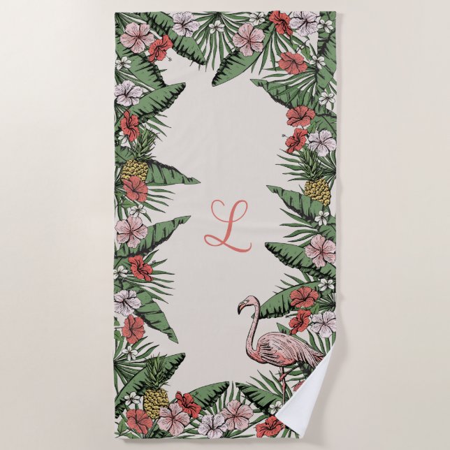Serviette De Plage Flamant Rose Tropical et Monogramme Hawaïen (Devant)