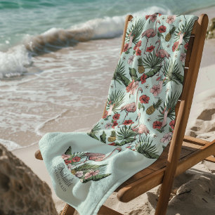 Serviette De Plage Flamant Rose Tropical Fleur Turquoise