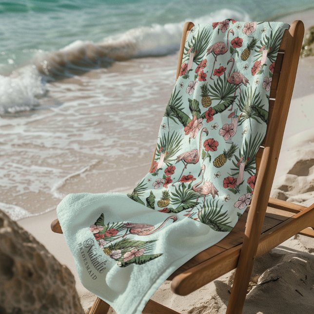 Serviette De Plage Flamant Rose Tropical Fleur Turquoise (Tropical Pink Flamingo Bridesmaid Beach / Pool Towels. Flamingo, Hibiscus Flowers, Pineapple, Drinks)
