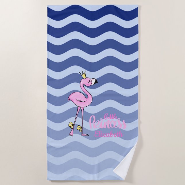 Serviette De Plage Flamant Rose Vagues Rayées Bleu Marine (Devant)