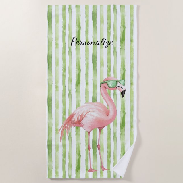 Serviette De Plage Flamant Rose Vert Rose   (Devant)