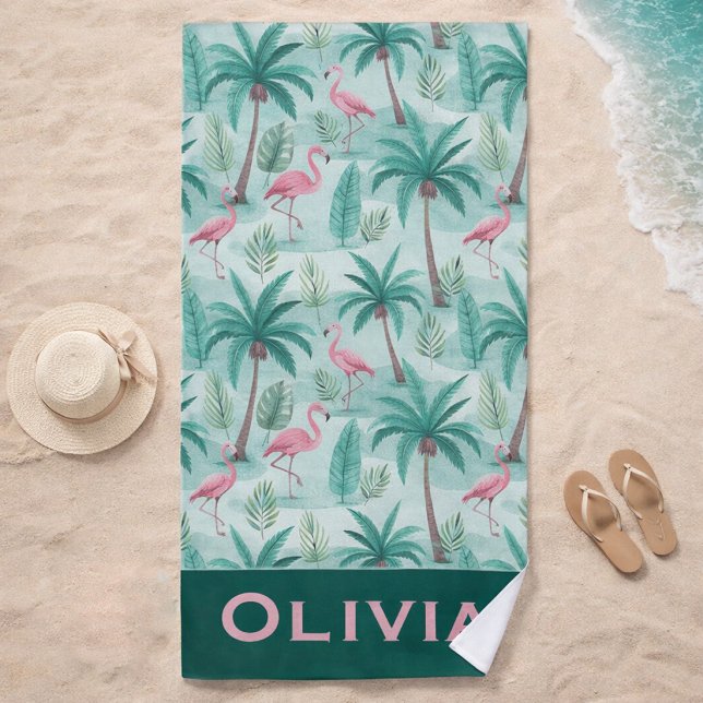 Serviette de plage Flamant Tropical & Palmier  (Créateur téléchargé)