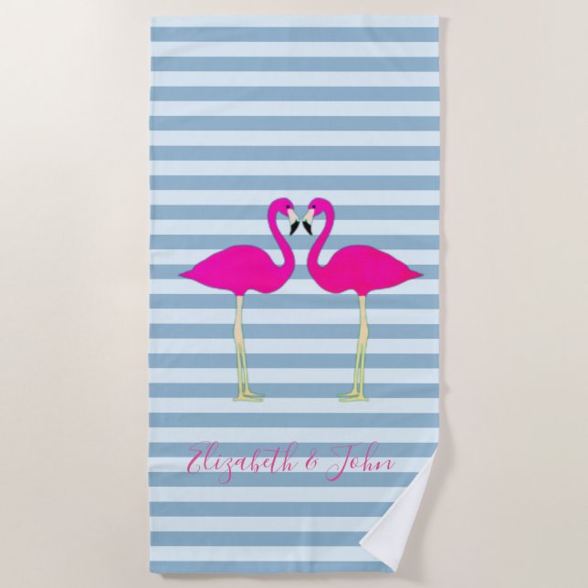 Serviette De Plage Flamants roses adorables en amour sur bandes perso (Devant)