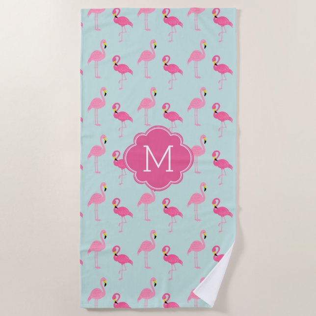 Serviette De Plage Flamants roses amusants Motif Monogramme (Devant)