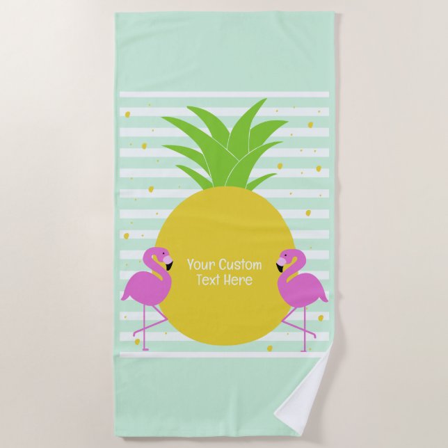 Serviette De Plage Flamants roses d'ananas texte personnalisé (Devant)
