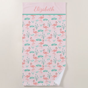 Serviette De Plage Flamants roses monogramme feuilles de palmier vert