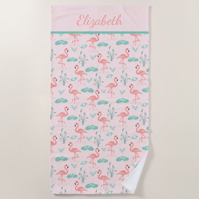 Serviette De Plage Flamants roses monogramme feuilles de palmier vert (Devant)