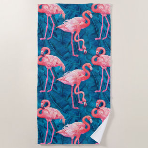 Serviette De Plage Flamants roses sur feuilles de bananes bleues