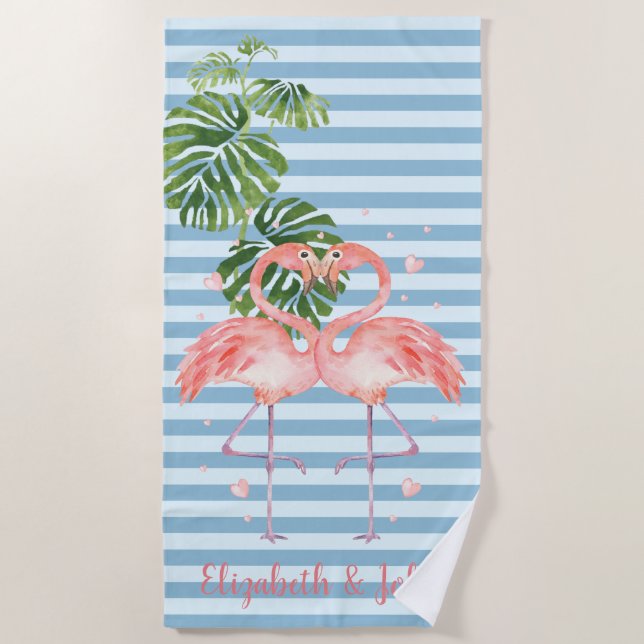 Serviette De Plage Flamants Roses Tropicaux Amoureux Rayés (Devant)