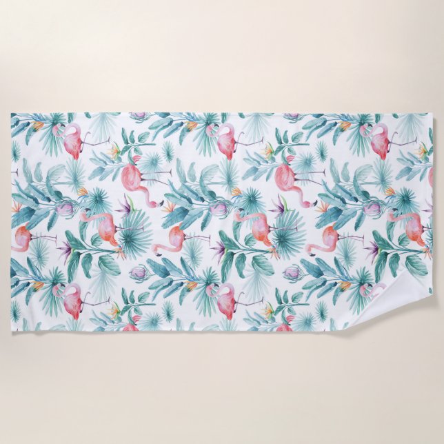Serviette De Plage Flamants roses tropicaux feuille motif (Devant)