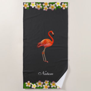Serviette De Plage Flamingo & Fleurs de Plumeria sur Fond Presque Noi