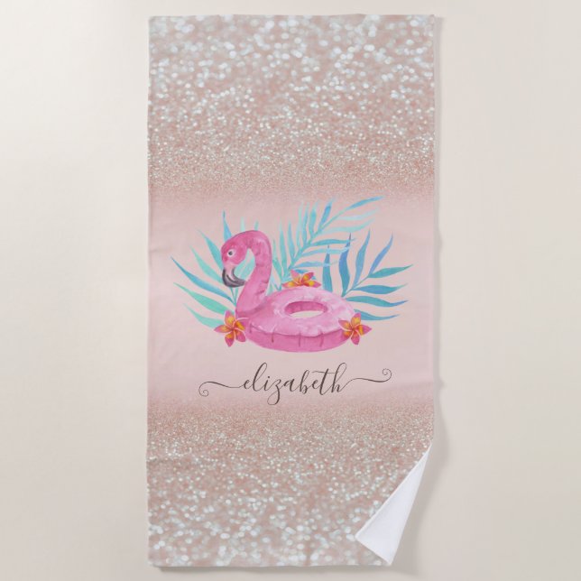 Serviette De Plage Flamingo Pool Float Glitter Bokeh   (Devant)