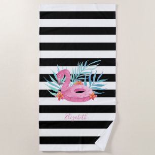 Serviette De Plage Flamingo Pool Float Rayures noires et blanches 