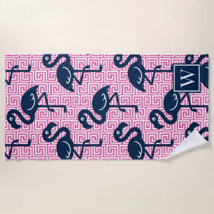 Serviette De Plage Flamingo Tropical Clé Grecque - Monogramme Rose &
