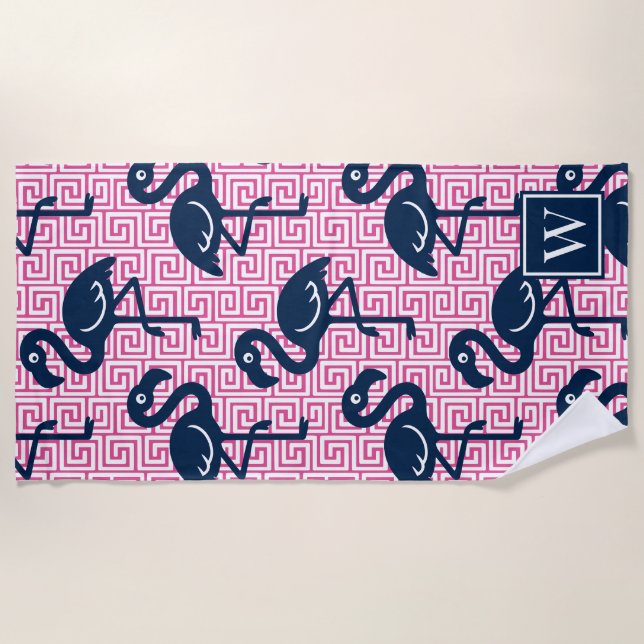 Serviette De Plage Flamingo Tropical Clé Grecque - Monogramme Rose &  (Devant)
