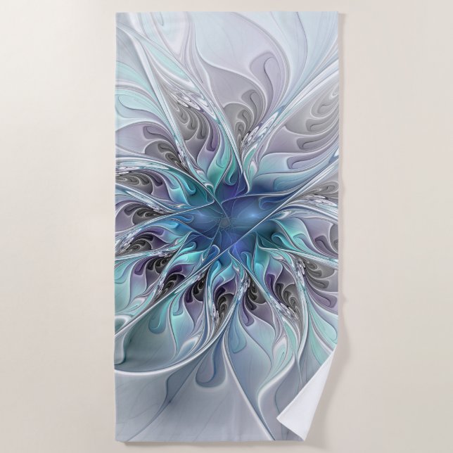 Serviette De Plage Fleur Abstraite Fractale Moderne Avec Bleu (Devant)