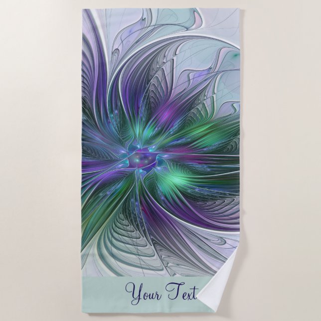 Serviette De Plage Fleur Abstraite Violette Verte Nom Fractal Art (Devant)