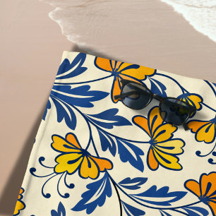 Serviette De Plage Fleur Bleue Feuillue de Style Folk Orange Jaune Vi