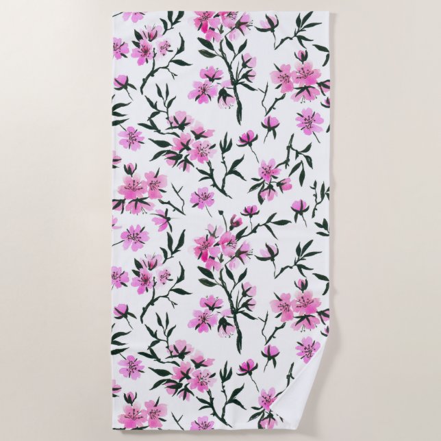 Serviette De Plage Fleur de cerisier blanc sur blanc (Devant)