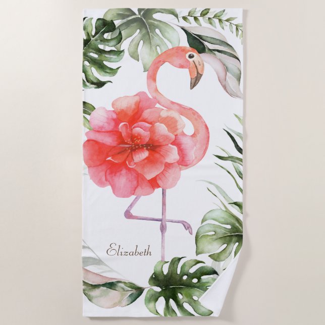 Serviette De Plage Fleur de Flamant rose rose, Feuille de palmier Con (Devant)