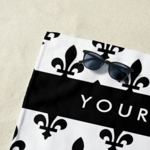 Serviette De Plage Fleur de Lis, Noir sur Blanc, Noir, Votre Nom