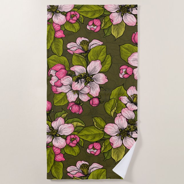 Serviette De Plage Fleur de pomme sur vert foncé (Devant)