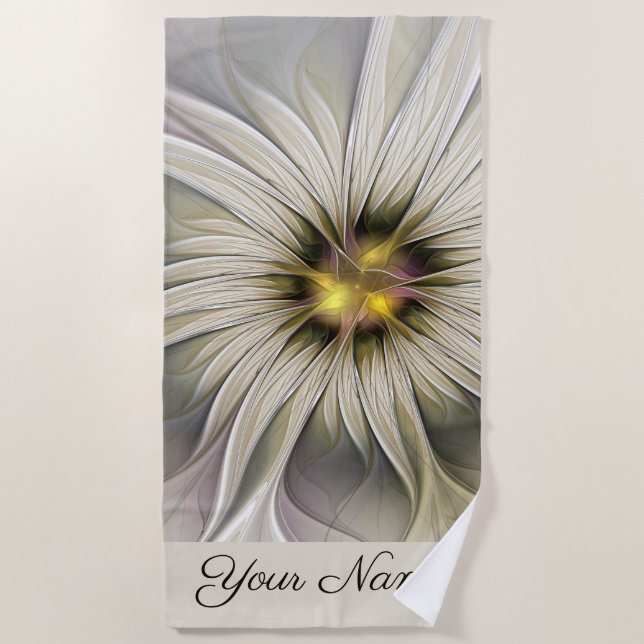 Serviette De Plage Fleur d'ivoire, Abstrait Art Fractal moderne Nom (Devant)