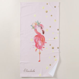 Serviette De Plage Fleur Flamant rose rose, Confetti Or