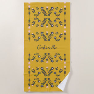 Serviette De Plage Fleur folk scandinave jaune Personnalisée
