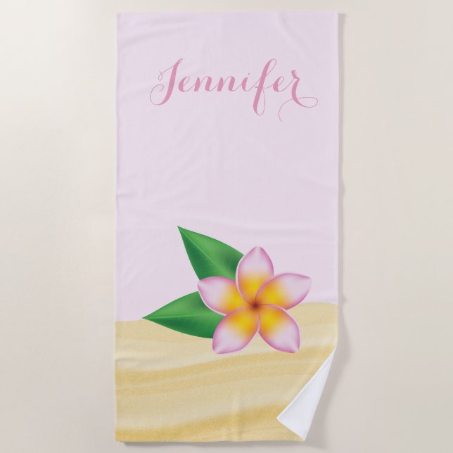 Serviette De Plage Fleur Frangipani Rose Sur Sable Avec Nom Personnal (Devant)